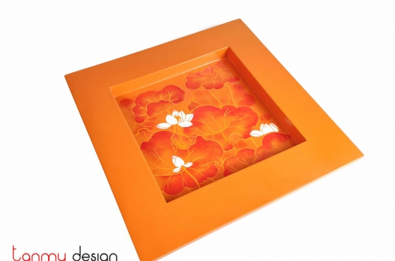 Square lacquer tray with hand painted lotus/ L 35cm